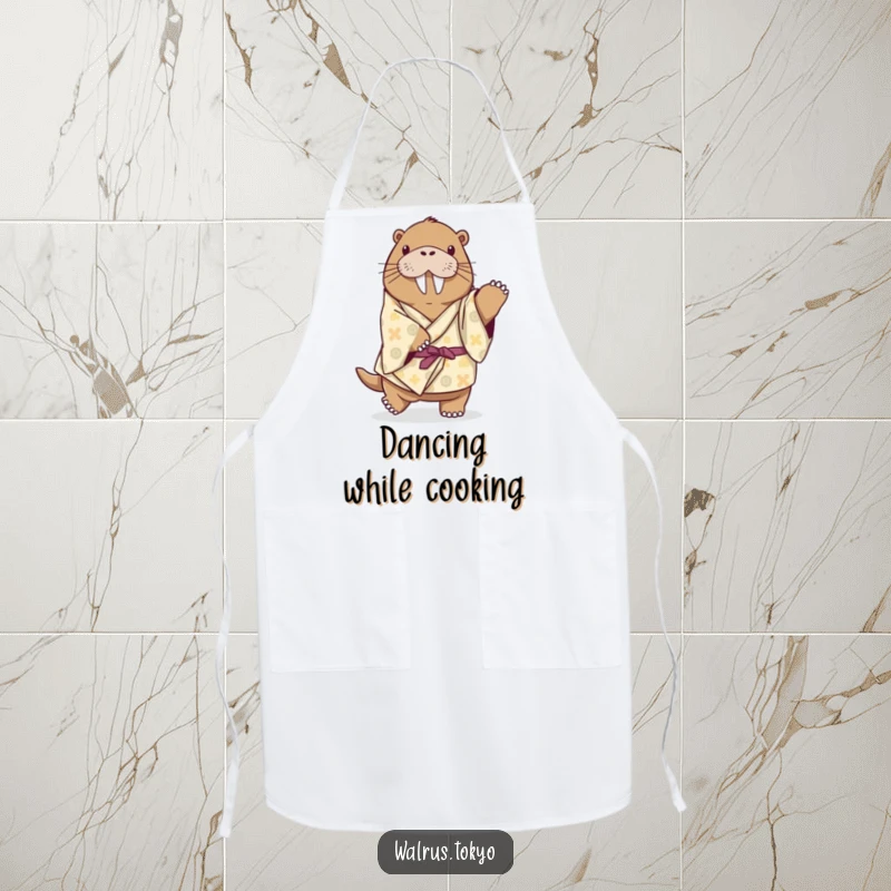 Funny playful walrus apron in a patterned kimono, attempting a dance step, ideal for kitchen activities with humorous flair.