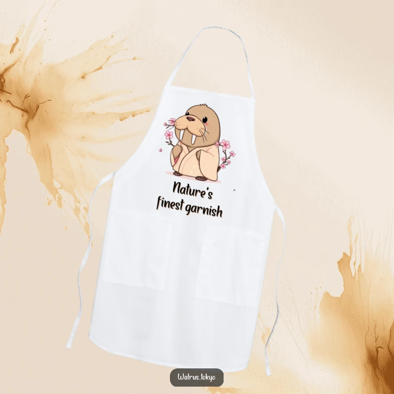 Funny curious walrus apron in a silken kimono, looking intently at a blooming cherry blossom, ideal for kitchen tasks with calm humor.