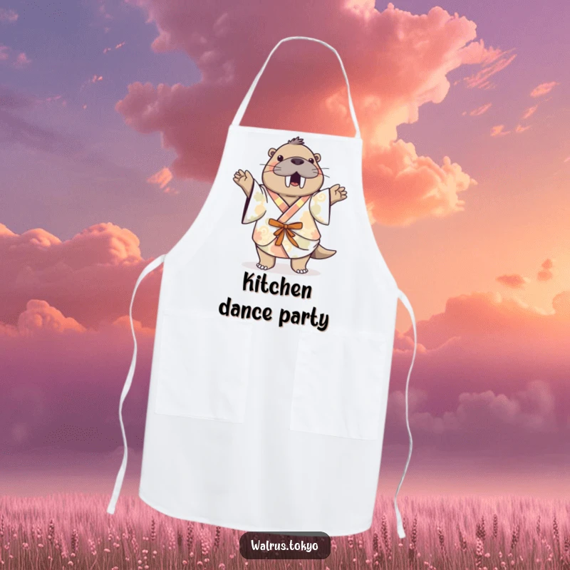 Funny patterned kimono walrus apron, showing a playful walrus dancing while cooking, adding humorous fun to kitchen tasks.