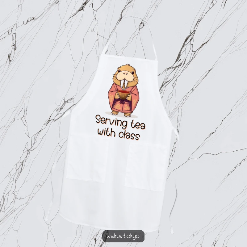 Funny apron showing a dignified walrus in a formal kimono, holding a tea bowl, ready to add elegant humor to any cooking session.