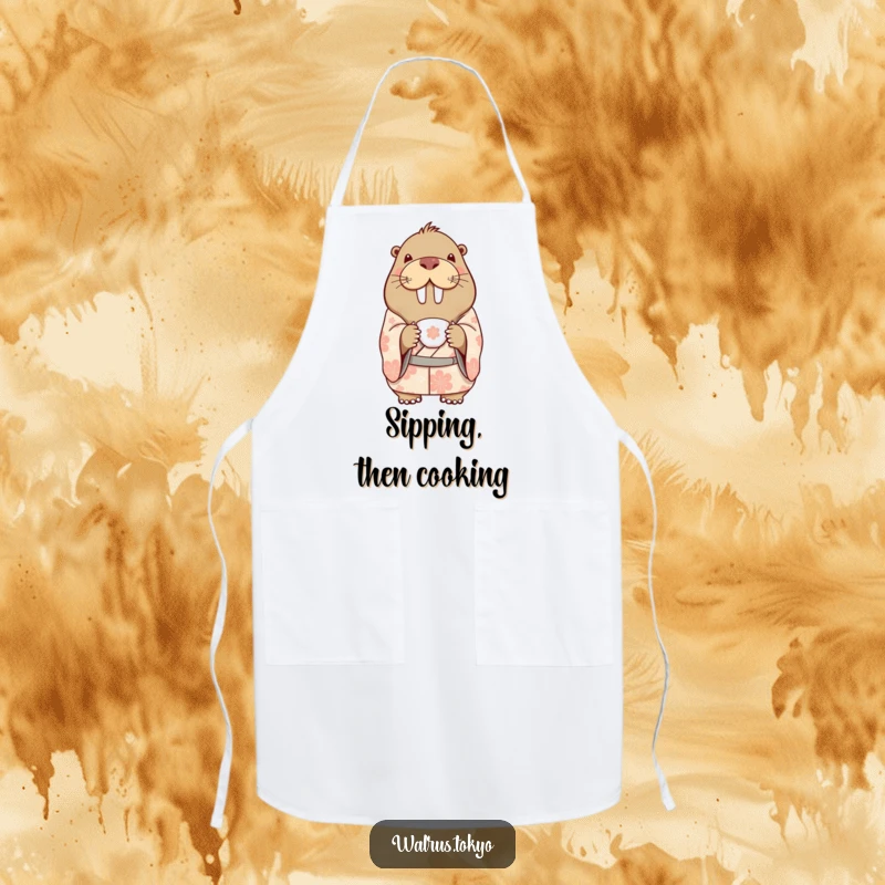 Funny apron featuring a delighted walrus in a patterned kimono, holding a delicate teacup, making kitchen tasks more humorous and charming.