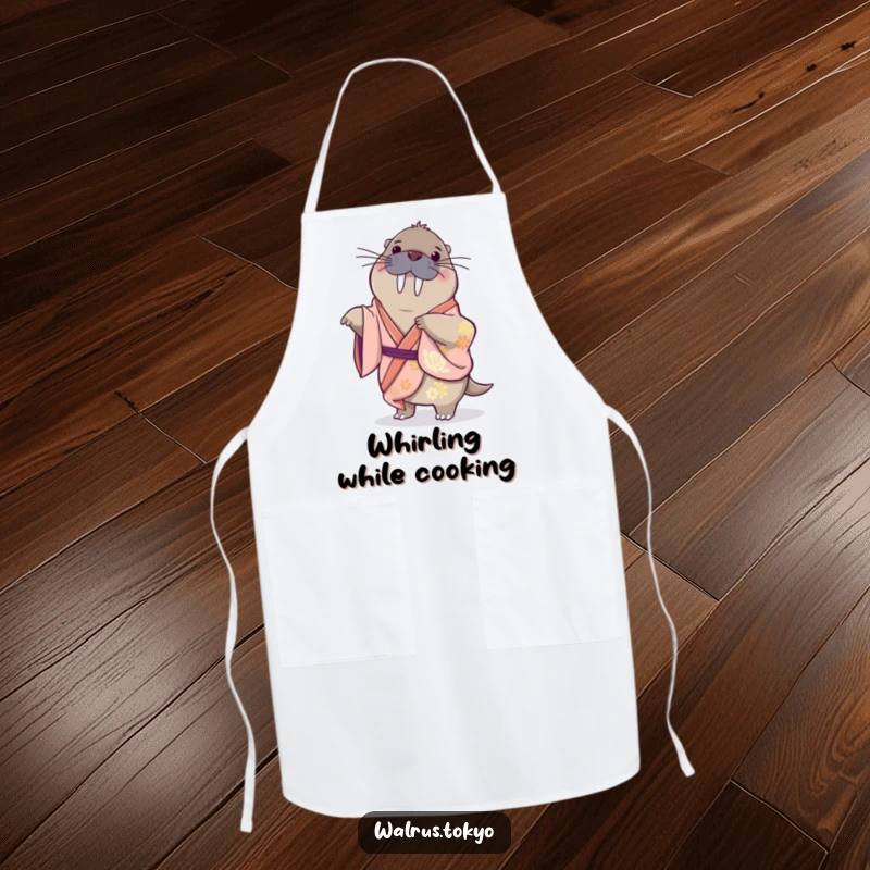 Funny apron featuring a playful walrus in a silk kimono, doing a gentle spin, making cooking and kitchen tasks more humorous and fun.