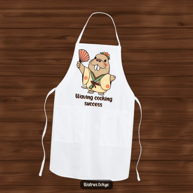 Funny apron featuring a cheerful walrus in a decorated kimono, gracefully waving a fan, making kitchen tasks more humorous and fun.