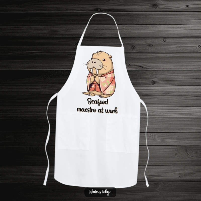Funny floral kimono walrus apron, showing a dignified walrus bowing politely while cooking, adding humorous charm to kitchen duties.