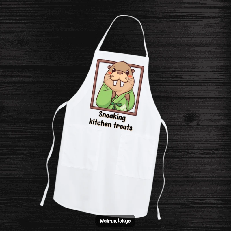 Funny green kimono walrus apron, showing a curious walrus peeking while cooking, adding humorous mystery to kitchen tasks.