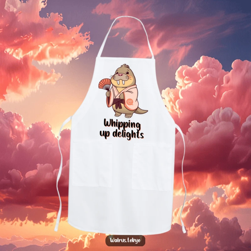 Funny cheerful walrus apron in a kimono, gently swaying a decorative fan, ideal for kitchen tasks with a happy vibe.