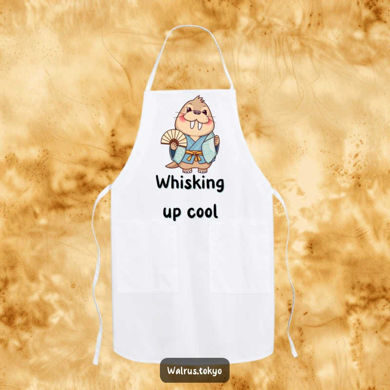 Funny blue kimono walrus apron, showing a happy walrus holding a fan, adding cheerful humor to kitchen activities.