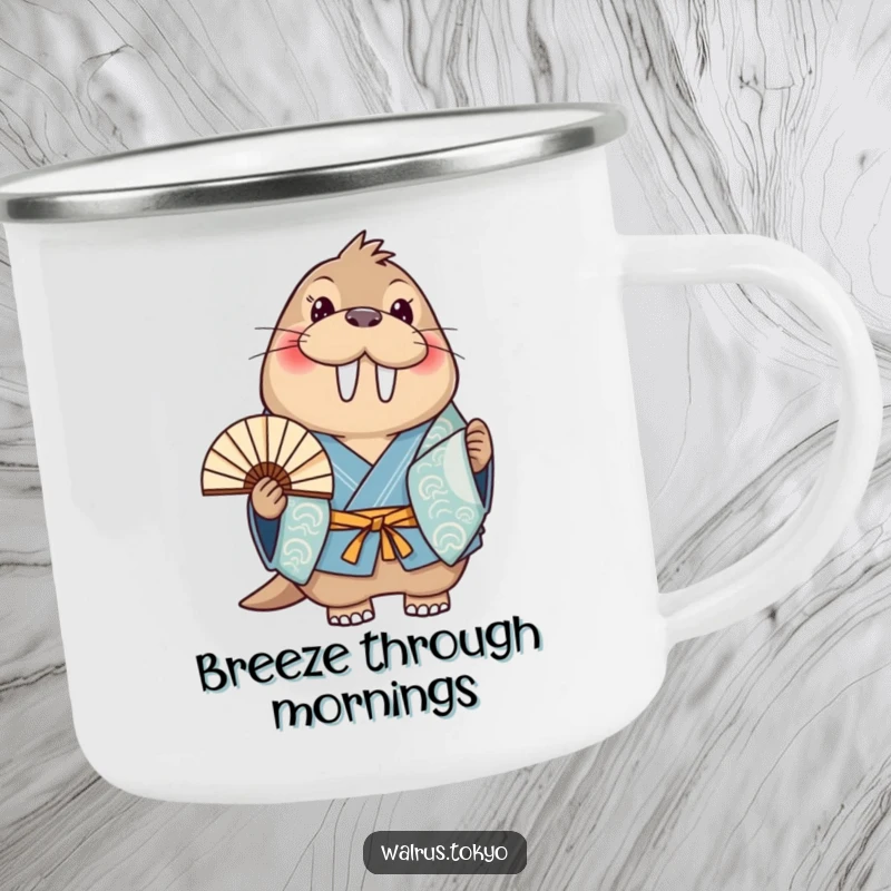 Funny blue kimono walrus camping mug, showing a happy walrus with a fan, perfect for cheerful drinks during outdoor activities.