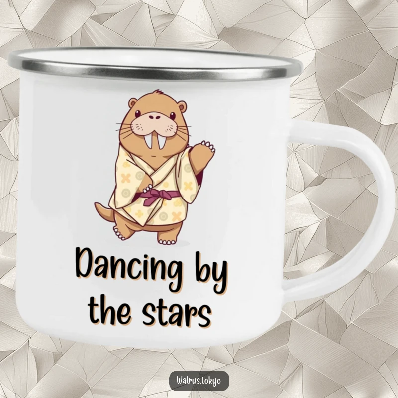 Funny playful walrus camping mug in a patterned kimono, attempting a dance step, ideal for outdoor enjoyment with a humorous touch.