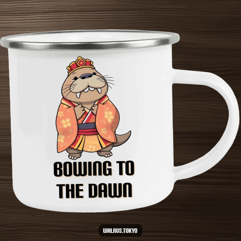 Funny regal walrus camping mug in a kimono, performing a polite bow, ideal for enjoying beverages outdoors with style.