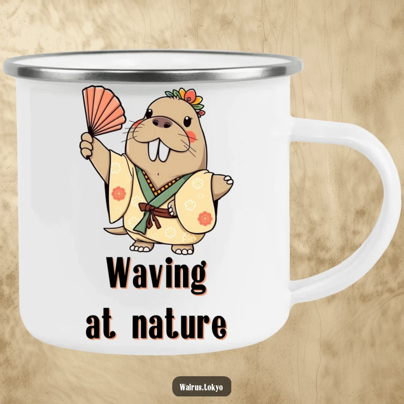 Funny camping mug with a cheerful walrus in a decorated kimono, gracefully waving a fan, perfect for sipping beverages outdoors with humor.