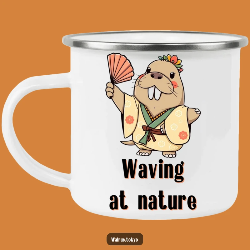 Funny Walrus Kimono Camping Mug: Cheerful Fan Waves on Adventures, Humorous Gift