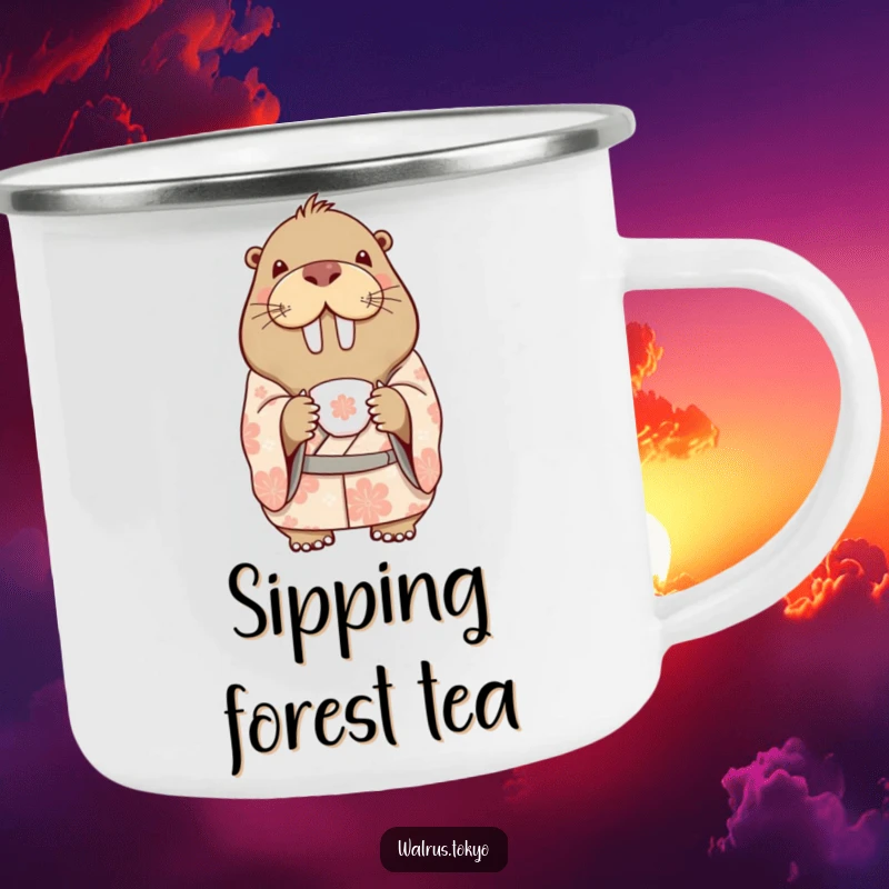 Funny camping mug with a delighted walrus in a patterned kimono, holding a delicate teacup, perfect for sipping beverages outdoors with humor.