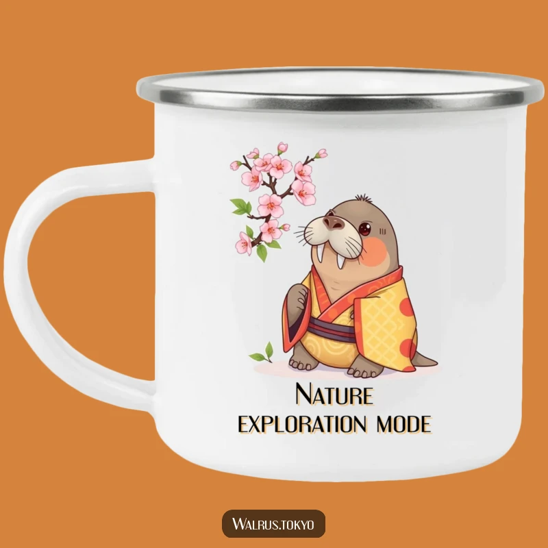 Funny Walrus Kimono Camping Mug: Curious Blossoms on Adventures, Humorous Gift