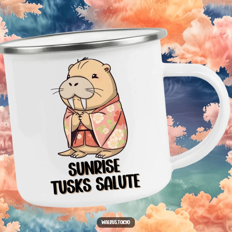 Funny floral kimono walrus camping mug, showing a peaceful walrus bowing, ideal for enjoying drinks during outdoor adventures with humor.