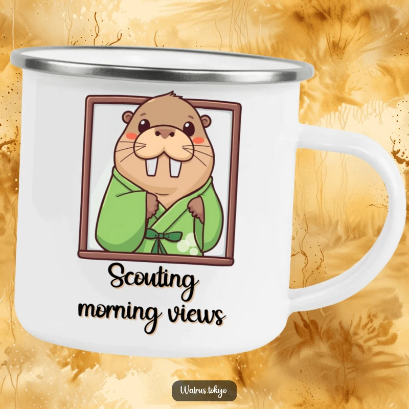 Funny green kimono walrus camping mug, showing a curious walrus peeking, perfect for amusing drinks during outdoor activities.