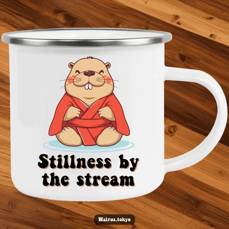 Funny red kimono walrus camping mug, showing a serene walrus meditating, perfect for peaceful drinks during outdoor activities.