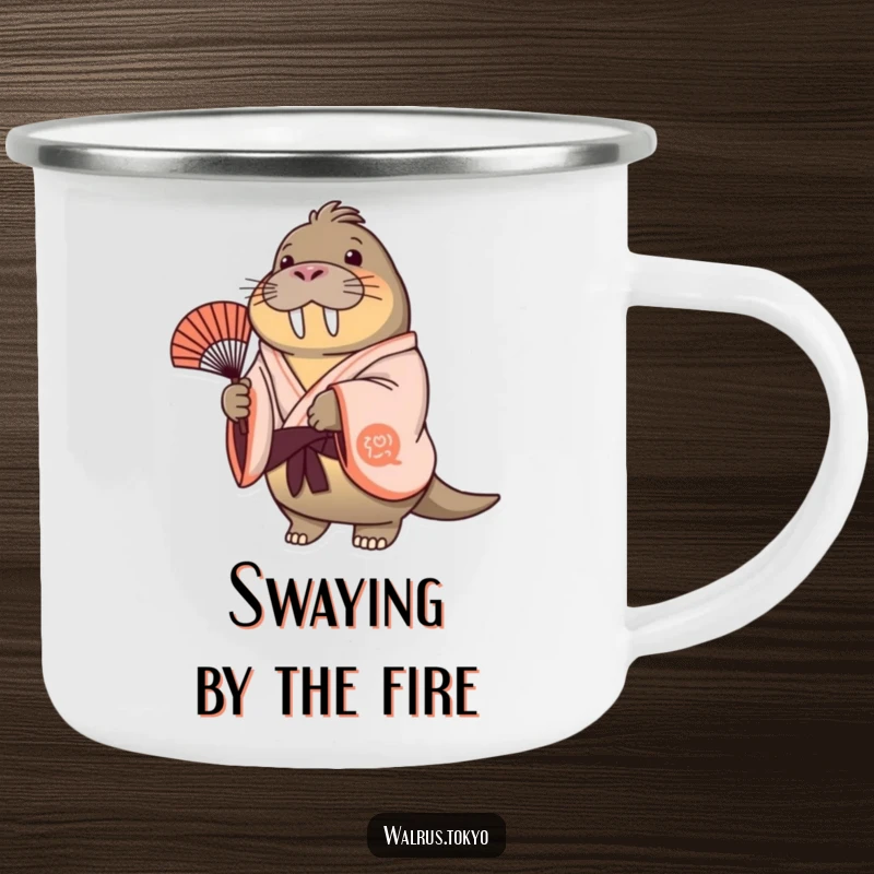 Funny cheerful walrus camping mug in a kimono, gently swaying a fan, ideal for outdoor enjoyment with a happy touch.