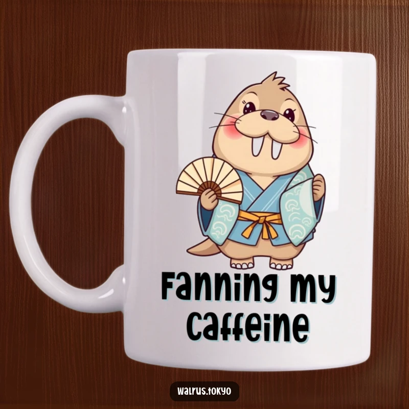 Funny blue kimono walrus mug, showing a happy walrus holding an elegant fan, radiating cheerful humor and delight.