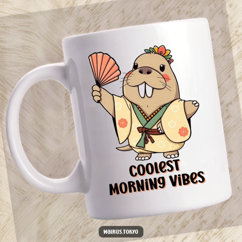 Funny mug featuring a cheerful walrus in a decorated kimono, gracefully waving a fan, radiating joy and playful humor.