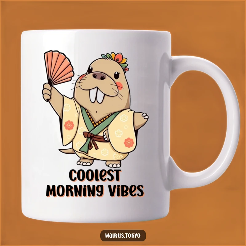Funny Cheerful Walrus Fan Mug: Decorated Kimono Waving Gracefully, a Joyful Gift