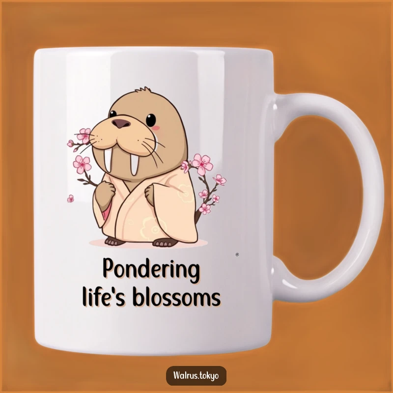 Funny Curious Walrus Kimono Mug - Cherry Blossom Gazing Gift