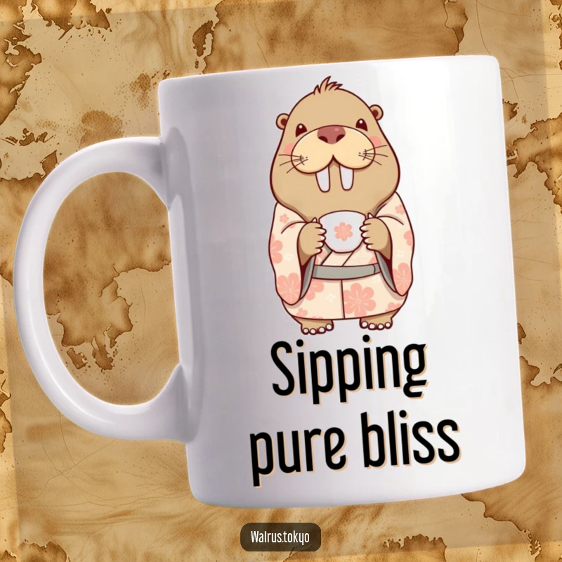 Funny mug featuring a delighted walrus in a patterned kimono, holding a delicate teacup with a look of pure joy and humorous contentment.