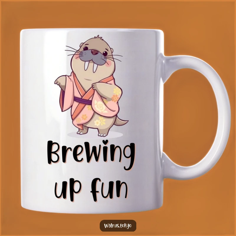 Funny Playful Walrus Spin Mug: Silk Kimono Twirl, a Joyful and Humorous Gift