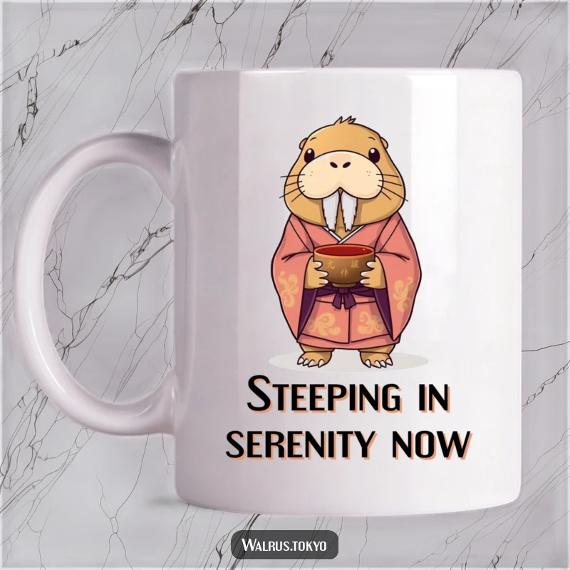 Funny mug featuring a distinguished walrus wearing a formal kimono, holding a lacquered tea bowl with graceful paws, embodying sophisticated humor.