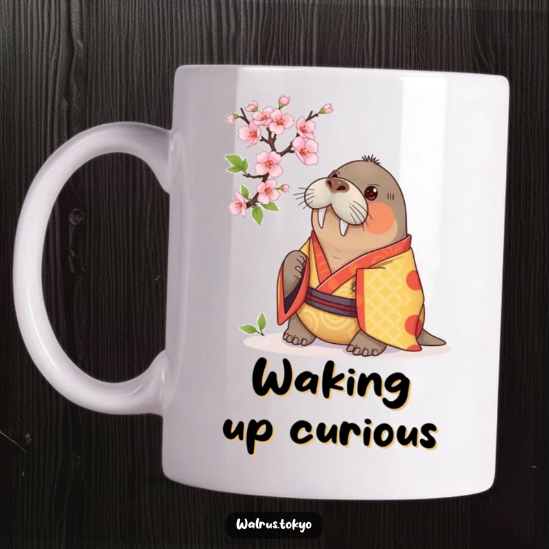 Funny mug with a curious walrus in a vibrant kimono, examining a cherry blossom with fascination and humorous intensity.