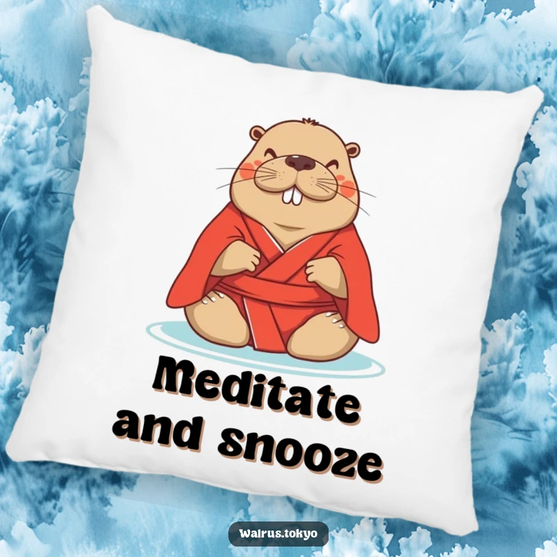 Funny red kimono walrus pillow, depicting a serene walrus meditating peacefully, perfect for adding cozy comfort and humorous tranquility.