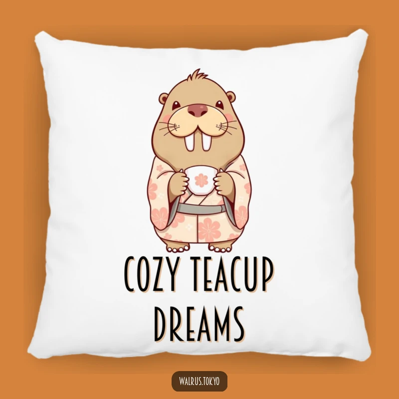 Funny Patterned Kimono Walrus Pillow: Delicate Tea Time, Cozy Humor