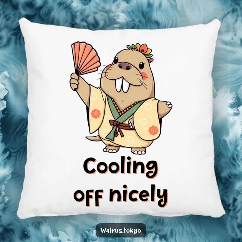 Funny pillow showcasing a cheerful walrus in a decorated kimono, gracefully waving a fan, offering cozy comfort with a humorous touch.