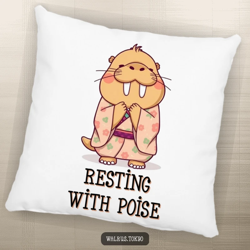 Funny pillow featuring a happy walrus in a floral kimono, bowing politely and gracefully, offering decorative comfort and humorous charm.
