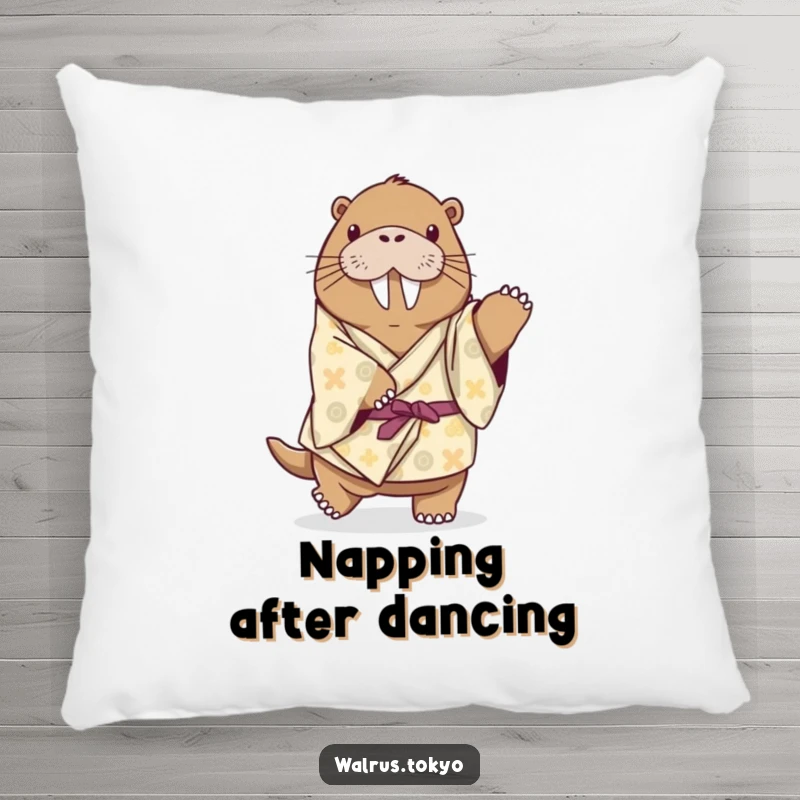 Funny playful walrus pillow in a patterned kimono, attempting a gentle dance step, offering comfort with a touch of graceful humor.
