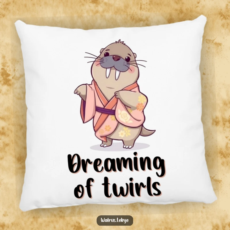 Funny pillow showcasing a playful walrus in a silk kimono, doing a gentle spin, offering cozy comfort with humorous energy.