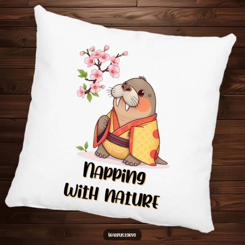 Funny pillow showcasing a curious walrus in a vibrant kimono, examining a cherry blossom, offering cozy comfort with humorous contemplation.