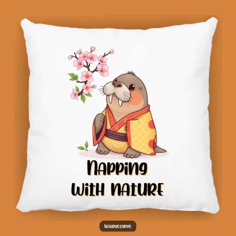 Funny Vibrant Kimono Walrus Pillow: Curious Blossom, Cozy Humor