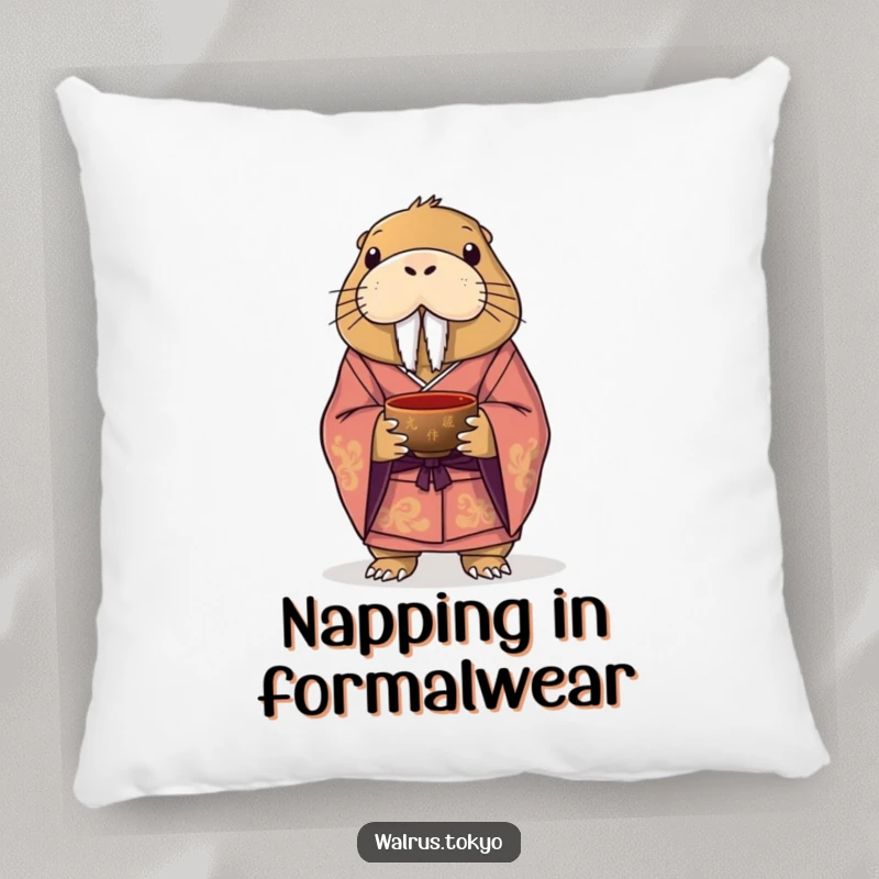 Funny pillow featuring a dignified walrus in a formal kimono, holding a tea bowl, offering comfort and a dose of cultured amusement.