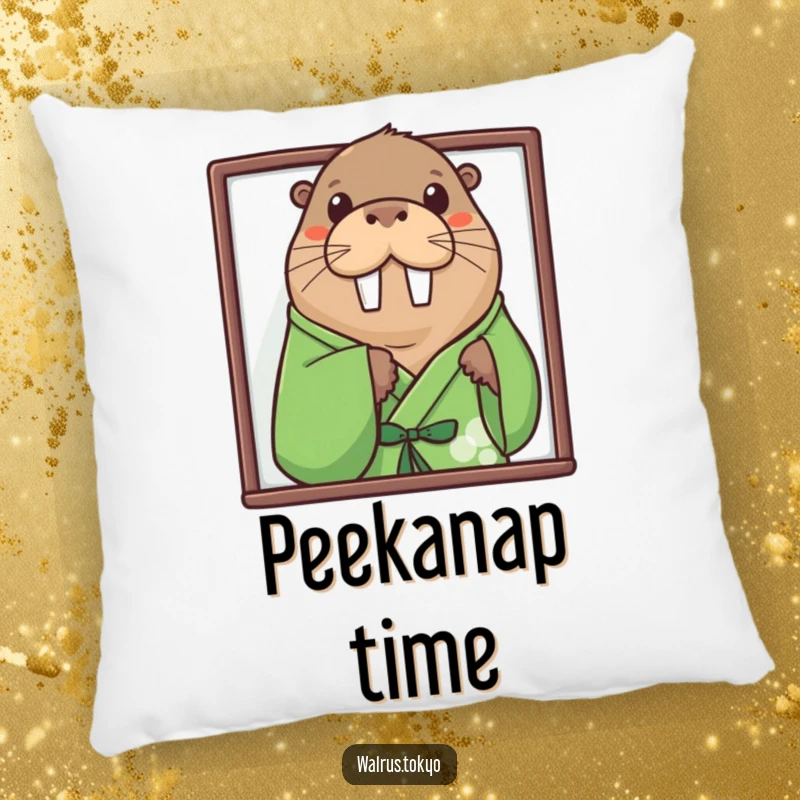 Funny green kimono walrus pillow, depicting a curious walrus peeking from a screen, perfect for adding cozy comfort and humor.