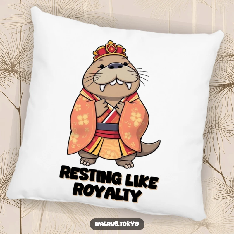 Funny regal walrus pillow dressed in a beautiful kimono, bowing gracefully, offering comfort with a touch of distinguished humor.
