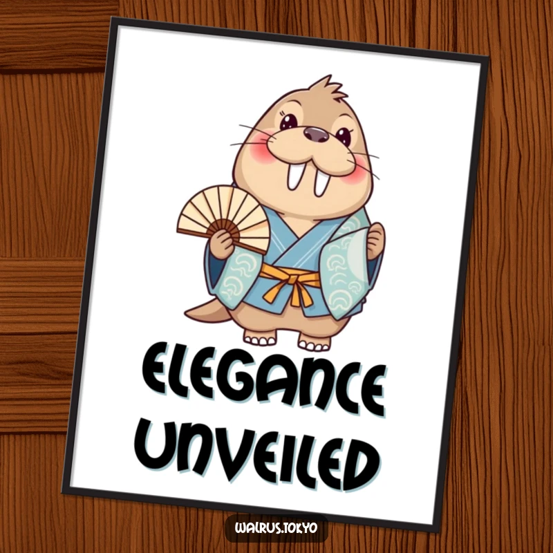 Funny blue kimono walrus digital art print, showing a happy walrus with a fan, offering instant joyful humor and charm.