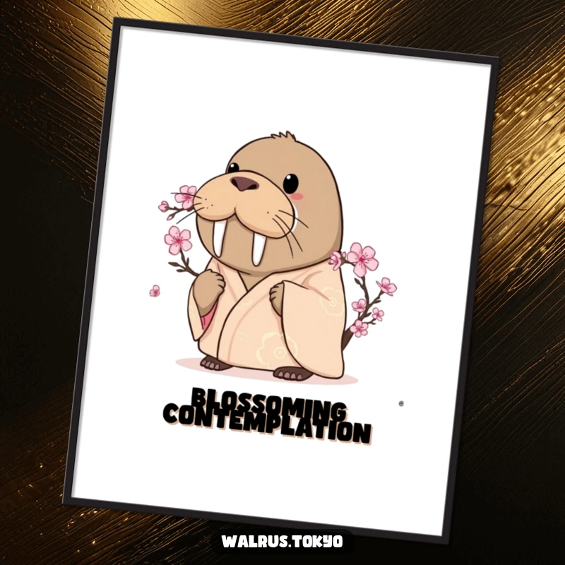 Funny curious walrus digital art print in a silken kimono, intently looking at a blooming cherry blossom with serene fascination.