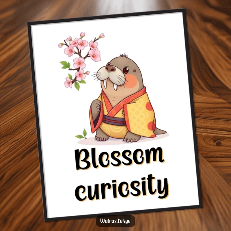 Funny digital art print of a curious walrus in a vibrant kimono, examining a cherry blossom, bringing contemplative humor and beauty to decor.