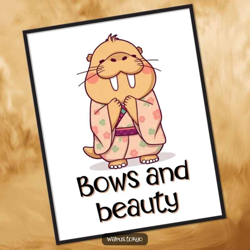 Funny digital art print of a happy walrus in a floral kimono, bowing politely and gracefully, adding humorous elegance to any room.