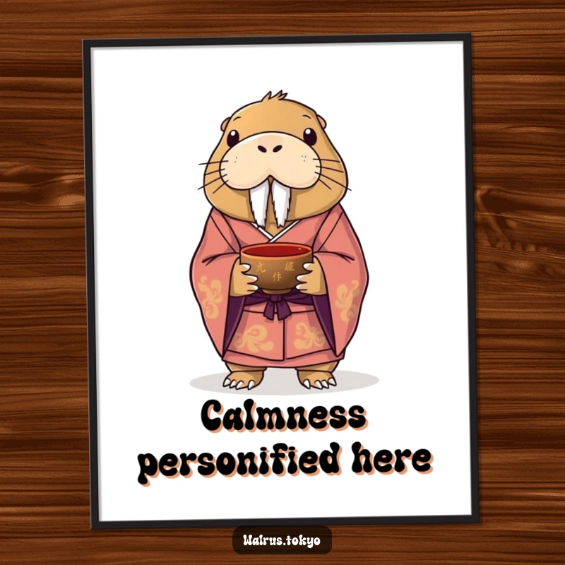 Funny digital art print of a dignified walrus in a formal kimono, holding a lacquered tea bowl, exuding sophisticated and comical charm.