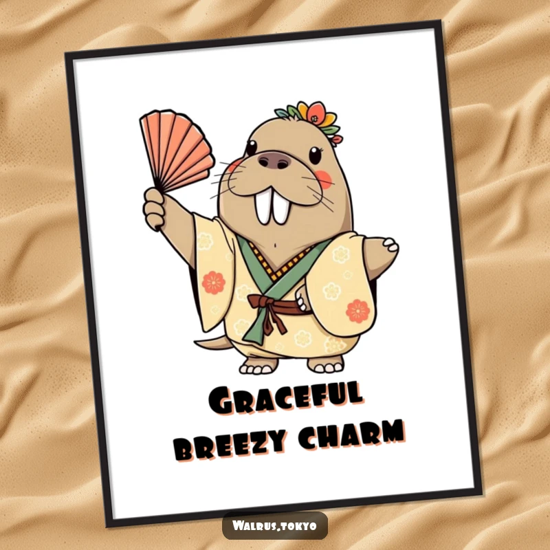 Funny digital art print of a cheerful walrus in a decorated kimono, gracefully waving a fan, bringing joyful humor and elegance to decor.