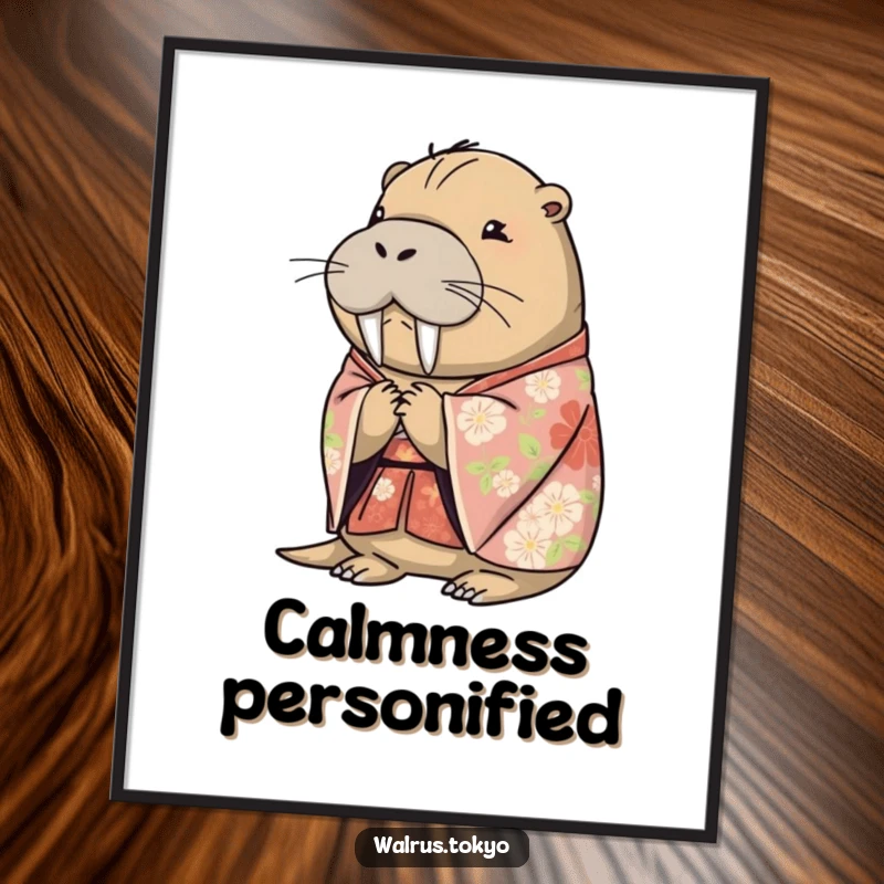 Funny floral kimono walrus digital art print, showing a serene walrus bowing gracefully, offering instant artistic humor and elegance.