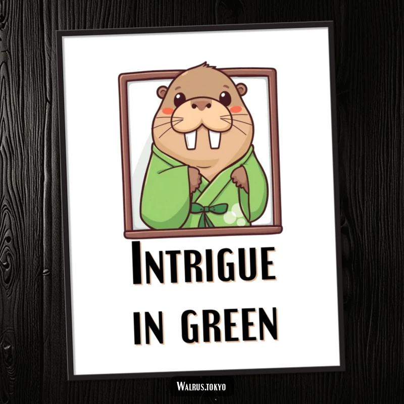 Funny green kimono walrus digital art print, showing a curious walrus peeking, offering instant playful humor and intrigue.