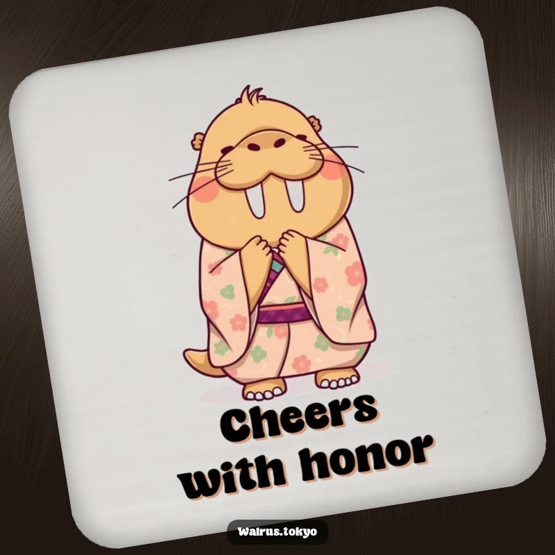 Funny drink coaster showcasing a happy walrus in a floral kimono, bowing politely and gracefully, protecting furniture with humorous charm.